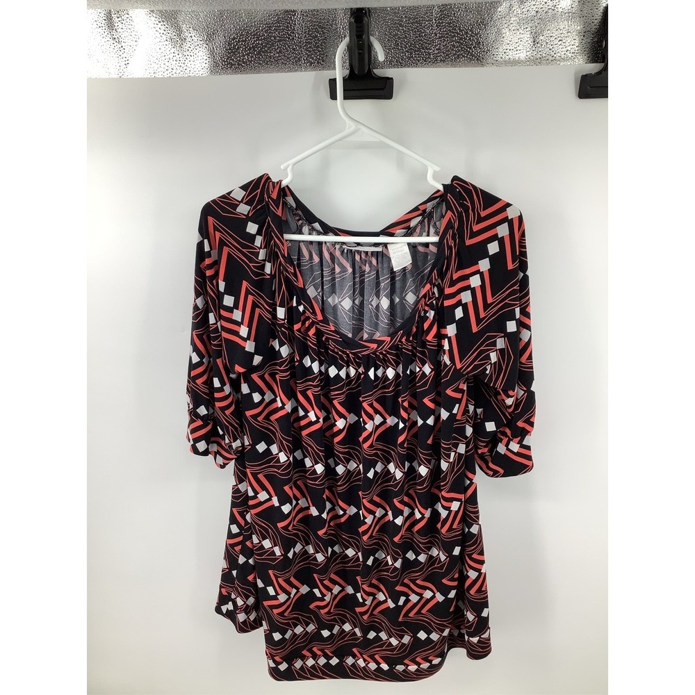 Worthington Stretch Womens Medium Blouse Black Coral Geometric Scoop Neck Top